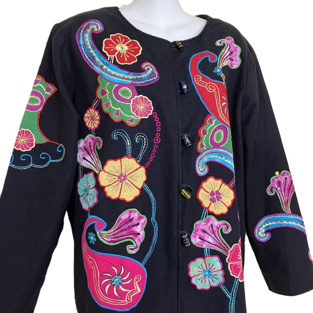 Indigo Moon Flower Applique Jacket Glass Buttons Black with Colorful Floral